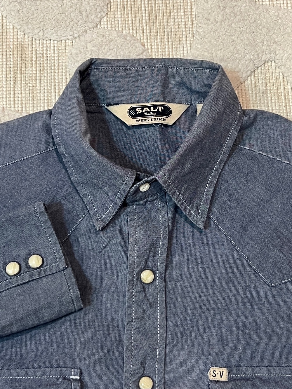 Salt Valley Western Mens Blue Chambray Denim Pearl Snap Long Sleeve Shirt Small